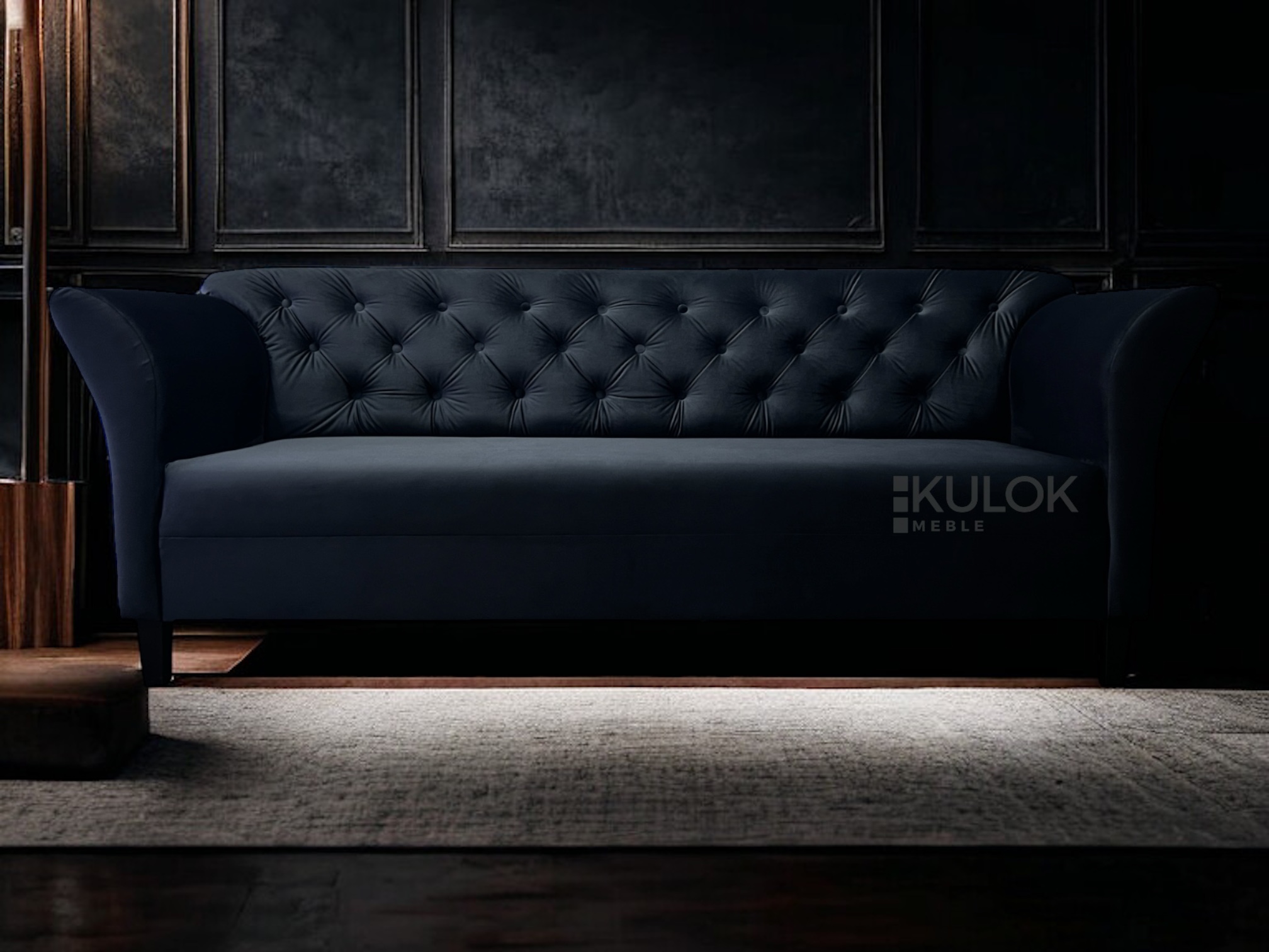 Czarna Sofa Chester 3-osobowa Pikowana - Luksus i Elegancja w Twoim Domu